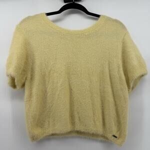 Hollister Women's Yellow Cropped Fuzzy Knit Sweater Long Sleeve Crewneck Size XL